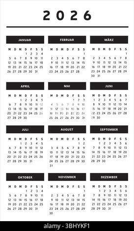 Calendrier 2026 avec boîtes en noir et blanc couleurs 3 colonnes - Allemand Illustration de Vecteur