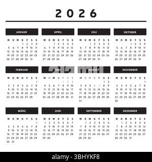 Calendrier 2026 avec boîtes en noir et blanc couleurs 4 colonnes - Allemand Illustration de Vecteur