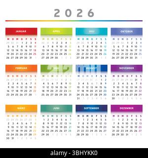 Calendrier 2026 avec des boîtes en couleurs arc-en-ciel 4 colonnes - Allemand Illustration de Vecteur