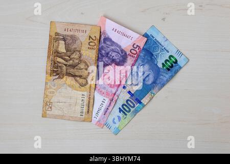 Billets de banque en rand sud-africain (20, 50, 100) sur bois clair. Sa Money, vingt, cinquante, cent rands, vue de dessus. Banque D'Images