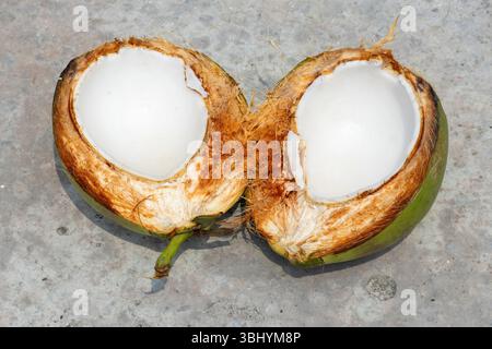 Jeune noix de coco fraîche coupée en deux, révélant une chair blanche succulente. Délicieux et juteux. Banque D'Images