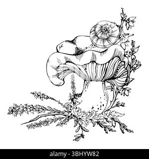 Champignon Russula webcap, escargot sur le dessus, croissance de lichen de mousse, fleurs de bruyère. Nature composition dessinée à la main dans l'encre vectorielle. Scène de l'habitat du plancher forestier Illustration de Vecteur