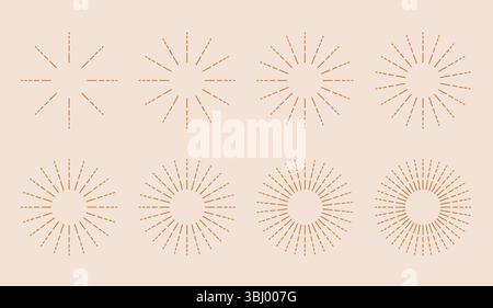 Ensemble doré Boho Sunburst. Collection de rayons de soleil dorés vintage éclatants. Faisceaux de coucher de soleil à vecteur radial. Illustration de Vecteur