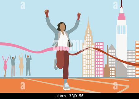 Illustration d'une femme d'affaires franchissant la ligne d'arrivée, symbolisant le succès, la réussite et non la dépression. Ses bras sont levés en triomphe, réfléchissent Banque D'Images