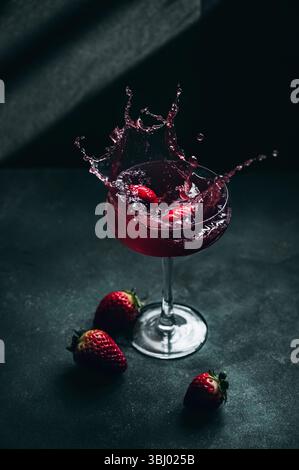 Une image dynamique de liqueur de fraise éclaboussant dans un verre. Les fraises fraîches accentuent le fond sombre, soulignant les tons rouges vibrants du R. Banque D'Images