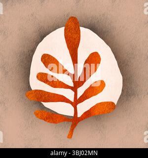 Une illustration minimaliste avec une feuille abstraite sur un fond texturé et neutre. Les lignes simples des feuilles et les nuances d'automne créent un apaisement, Banque D'Images