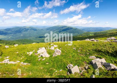 paysage alpin avec des collines verdoyantes. vue sur la vallée. paysage montagneux des carpates en été. rochers parmi l'herbe sur la pente. superbe fond de voyage. Banque D'Images