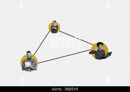 image de collage de tendance d'affiche d'esquisse 3d de trois partenaires commerciaux heureux stand structure développement hiérarchie de concept de progression Banque D'Images