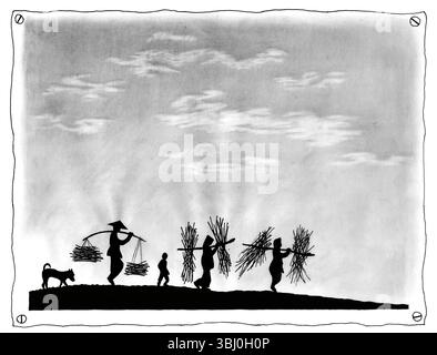 Croquis noir et blanc représentant des silhouettes portant des paquets de bâtons, représentant le travail rural traditionnel au Vietnam, capturant l'essence Banque D'Images