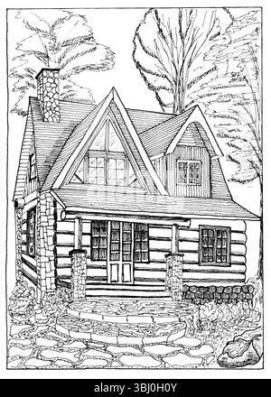 Dessin complexe à l'encre noire et blanche d'une cabane en rondins traditionnelle nichée dans un paysage boisé, avec des éléments architecturaux détaillés, pierre trouvée Banque D'Images