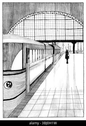 Un croquis détaillé à l'encre noire et blanche représentant l'intérieur d'une gare. L'illustration montre un train de voyageurs au quai avec son distinctiv Banque D'Images