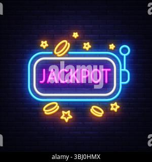 Signe de jackpot néon avec des pièces de monnaie brillantes et des étoiles sur le mur noir. Mise en page accrocheuse pour les thèmes de casino, les affiches ou les promotions. Illustration de Vecteur