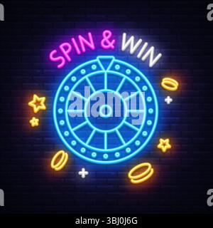 Neon spin et signe de gain avec roue de roulette, pièces de monnaie et étoiles sur mur sombre. Design sur le thème du casino avec éléments lumineux. Illustration de Vecteur
