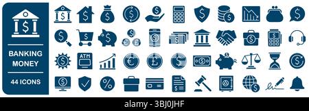 Jeu d'icônes argent et banque. Collection d'icônes de finances personnelles. Budget, épargne, dépense, revenu, prêt, dollar, euro, livre. Illustration vectorielle. Illustration de Vecteur