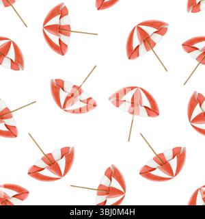 Modèle sans couture de parasols de plage rouges dans le style aquarelle. Design estival peint à la main avec une ambiance lumineuse et joyeuse. Banque D'Images