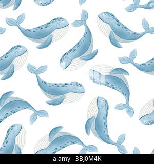 Motif sans couture de baleines aquarelles dans des tons bleus doux. Animaux marins peints à la main avec un style doux et rêveur. Banque D'Images