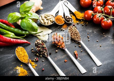 cuillères avec différentes épices et légumes sur une table noire Banque D'Images
