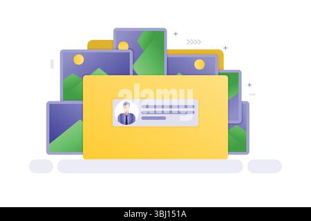 Illustration vectorielle du dossier numérique avec l'avatar de l'utilisateur et la pile d'images, concept moderne de gestion de documents Illustration de Vecteur