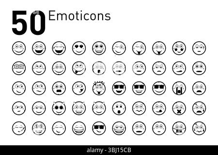 Ensemble d'émoticônes noir et blanc, 50 visages en grille, montrant diverses émotions Illustration de Vecteur