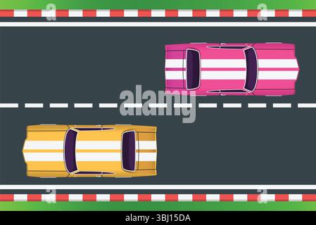 Voitures de course stylisées sur piste – voiture rose à rayures et bordures à carreaux rouge-blanc Illustration de Vecteur