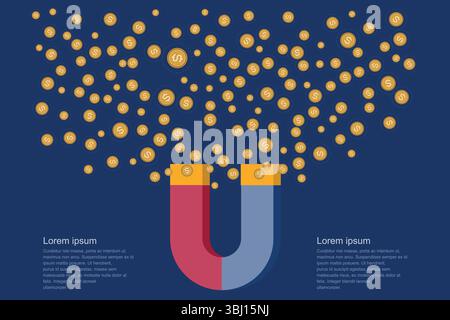 Aimant attirant l'argent – pièces d'or s'élevant d'un aimant en fer à cheval rouge et bleu Illustration de Vecteur