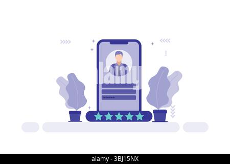 Évaluation du profil d'entreprise – smartphone avec avatar et évaluation cinq étoiles Illustration de Vecteur