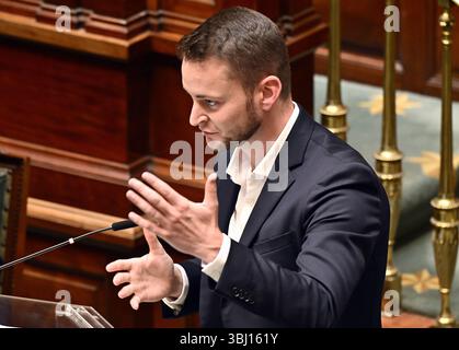 Bruxelles, Belgique. 12 juin 2025. Kjell Vander Elst d'Open VLD photographié lors d'une session plénière de la Chambre au parlement fédéral, à Bruxelles, le jeudi 12 juin 2025. BELGA PHOTO NICOLAS MAETERLINCK crédit : Belga News Agency/Alamy Live News Banque D'Images