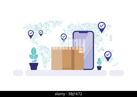 Illustration de suivi de livraison globale – smartphone, boîtes et usines avec épingles de localisation sur la carte du monde Illustration de Vecteur