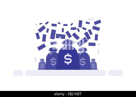 Cinq sacs à billets bleus stylisés arborent de grands symboles dollar blanc. Les billets de devise sont représentés volant au-dessus des sacs, renforçant un thème de richesse Illustration de Vecteur