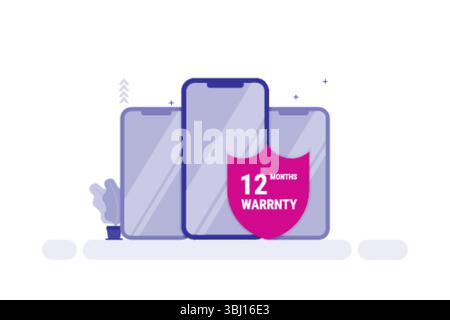 Trois smartphones abstraits représentés dans des tons de bleu et de violet sont alignés côte à côte. Le téléphone central est proéminent, avec un bouclier rose Illustration de Vecteur