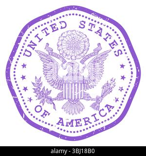 Timbre des États-Unis avec sceau d'État ou armoiries, timbre de voyage des États-Unis d'Amérique, cachet postal minable des États-Unis avec aigle, vecteur Illustration de Vecteur
