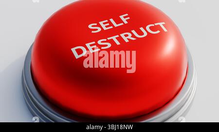 Rendu 3D d'un bouton rond rouge avec les mots « AUTODESTRUCTION » écrits en lettres majuscules blanches sur la face du bouton. Banque D'Images