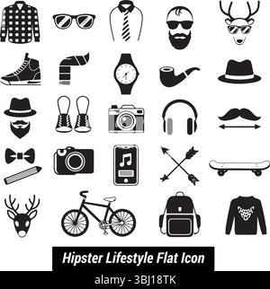 Ensemble d'icônes Hipster Lifestyle Flat – Collection vectorielle rétro tendance Illustration de Vecteur