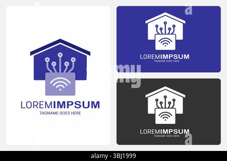 Modèle de logo Smart Home Connect. Une simple icône de maison avec un symbole Wi-Fi et des lignes montrant comment les appareils se connectent dans une maison intelligente. Illustration de Vecteur