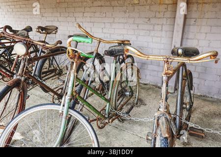 Vélos vintage rouillés de la seconde Guerre mondiale dans un hangar à vélos au musée Bletchley Park et attraction du patrimoine près de Milton Keynes, Buckinghamshire, Royaume-Uni Banque D'Images