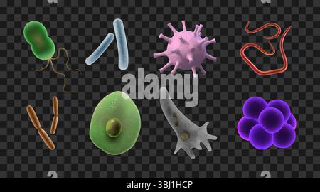 bactéries 3d. Virus, bactérie ou cellule parasite, pathogène, micro-organisme cutané ou germe. Toxine, allergène ou probiotique. Éléments isolés de laboratoire de sciences biologiques, objet de microbiologie. Icônes vectorielles Illustration de Vecteur