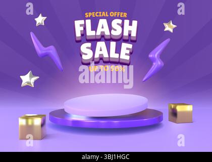 Vente flash. fond de promo 3d, méga offre avec podium de produit, coupon de réduction pour la conception de boutique. Étape vide pour la bannière d'offre spéciale. Modèle de bannière publicitaire vectorielle de vitrine minimaliste Illustration de Vecteur