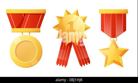 Prix du vainqueur en or. Médailles d'or sur rubans rouges. Prix trophée récompense dans le sport ou la compétition d'affaires. Emblème du certificat de garantie. Qualité supérieure. Illustration isolée de style plat de dessin animé vectoriel Illustration de Vecteur