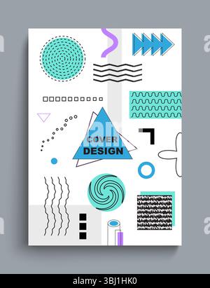 Conception géométrique du couvercle. Affiche abstraite. Bannière de style Memphis. Cadre avec espace de copie. Composition minimaliste contemporaine avec des figures et des formes. Fond moderne minimal. Illustration vectorielle Illustration de Vecteur
