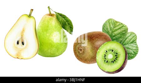 Aquarelle illustration poire réaliste et kiwi, duo de fruits frais Banque D'Images