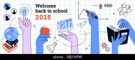 École en ligne. Icône de cours de formation, webinaire en ligne ou cours de science, mains tenir des livres, bannière Deign. Symboles de connaissance de fond abstrait, étude universitaire. Vector affiche minimale les étudiants sont les bienvenus Illustration de Vecteur