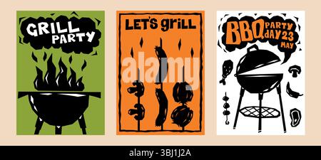 Soirée barbecue. Circulaire d'invitation au barbecue. Bannière de cuisson vintage avec flamme de feu. Pique-nique d'été. Steak de viande et rôtissage de morceaux de légumes. Silhouette barbecue et cuisinier. Ensemble d'affiches d'événement de conception vectorielle Illustration de Vecteur