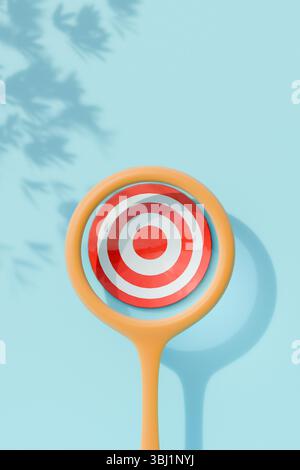 Un cercle rouge et blanc cible à travers une loupe un fond bleu avec des feuilles ombragées. rendu 3d. Banque D'Images