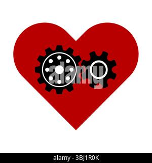 Cœur avec engrenages mécaniques illustration vectorielle. Une illustration vectorielle audacieuse mettant en vedette deux engrenages mécaniques noirs placés à l'intérieur d'une grande forme de coeur rouge Illustration de Vecteur