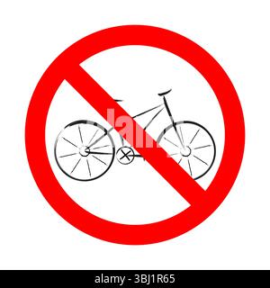 Panneau « pas de vélos autorisés ». Illustration audacieuse d'un panneau d'interdiction représentant une bicyclette noire stylisée à l'intérieur d'un cercle rouge avec une barre oblique. Illustration de Vecteur
