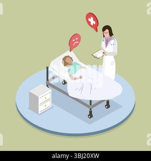 Illustration plate isométrique 3D de l'hôpital, patient recevant la visite du médecin dans la chambre d'hôpital Banque D'Images