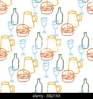 Motif coloré sans couture de hamburgers, de tasses à bière, de bouteilles de vin et de verres Illustration de Vecteur