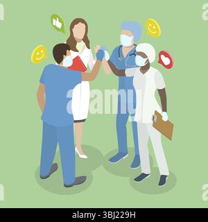 Illustration plate isométrique 3D de l'équipe de l'hôpital, ravi Doctors Exchange Félicitations Banque D'Images