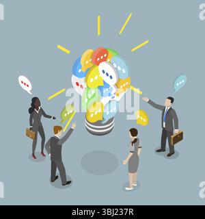 Illustration plate isométrique 3D de communiquer des idées et des discussions commerciales, travail d'équipe efficace Banque D'Images