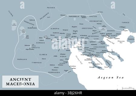 Ancienne Macédoine, Macédoine, carte d'histoire grise avec des limites approximatives avant la conquête romaine. Royaume à la périphérie de la Grèce archaïque et classique. Banque D'Images